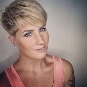 pastel pink and short haircut blonde 42