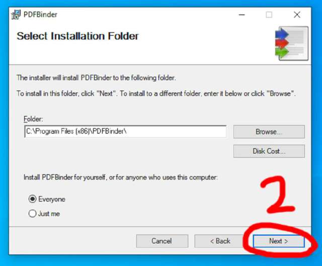 Select installation folder, then press the Next button.