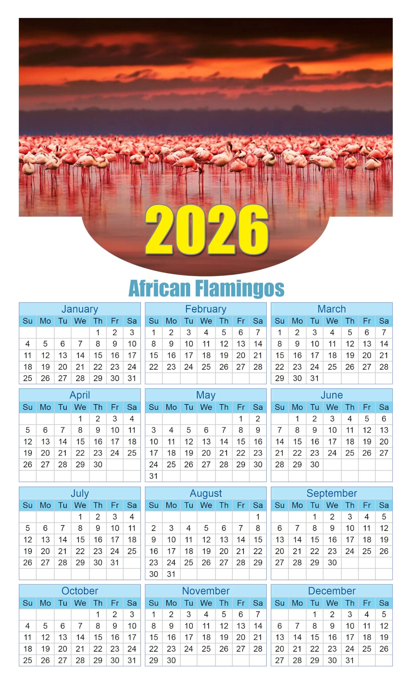 Calendar 2026 With Holidays African-Flamingos