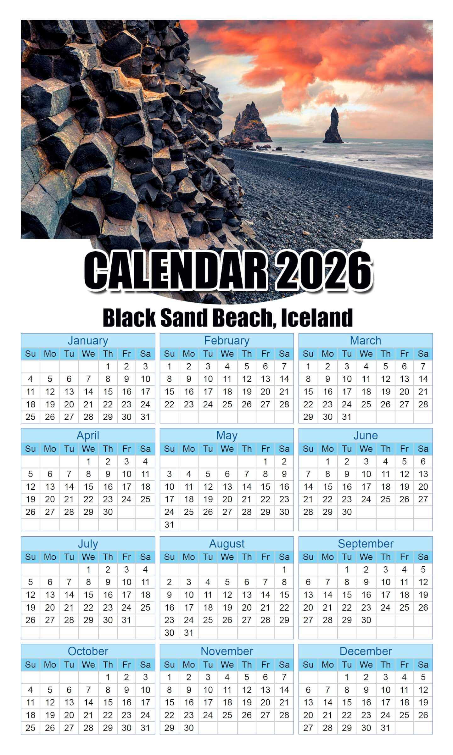 Calendar 2026 With Holidays Black-Sand-Beach,-Iceland