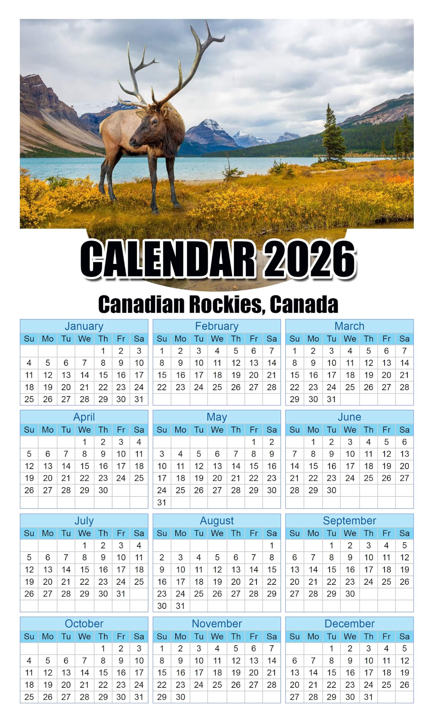 Calendar 2026 With Holidays Canadian-Rockies,-Canada