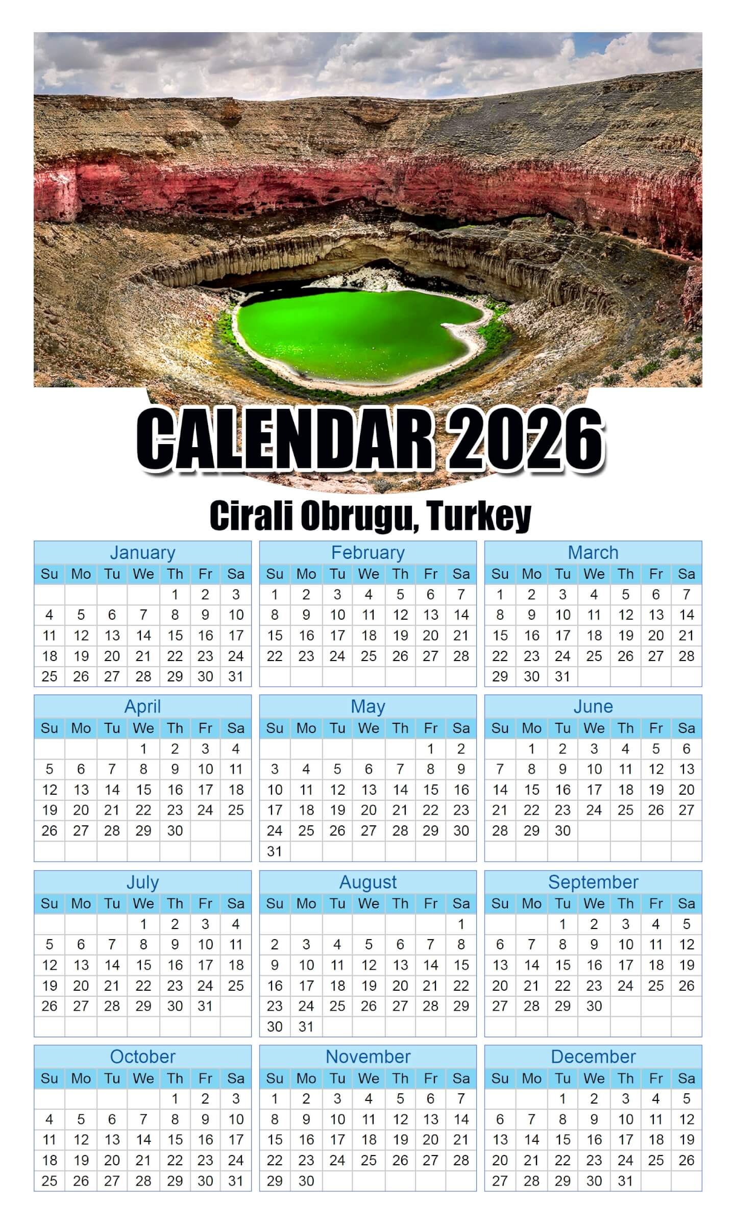 Calendar 2026 With Holidays Cirali-Obrugu,-Turkey