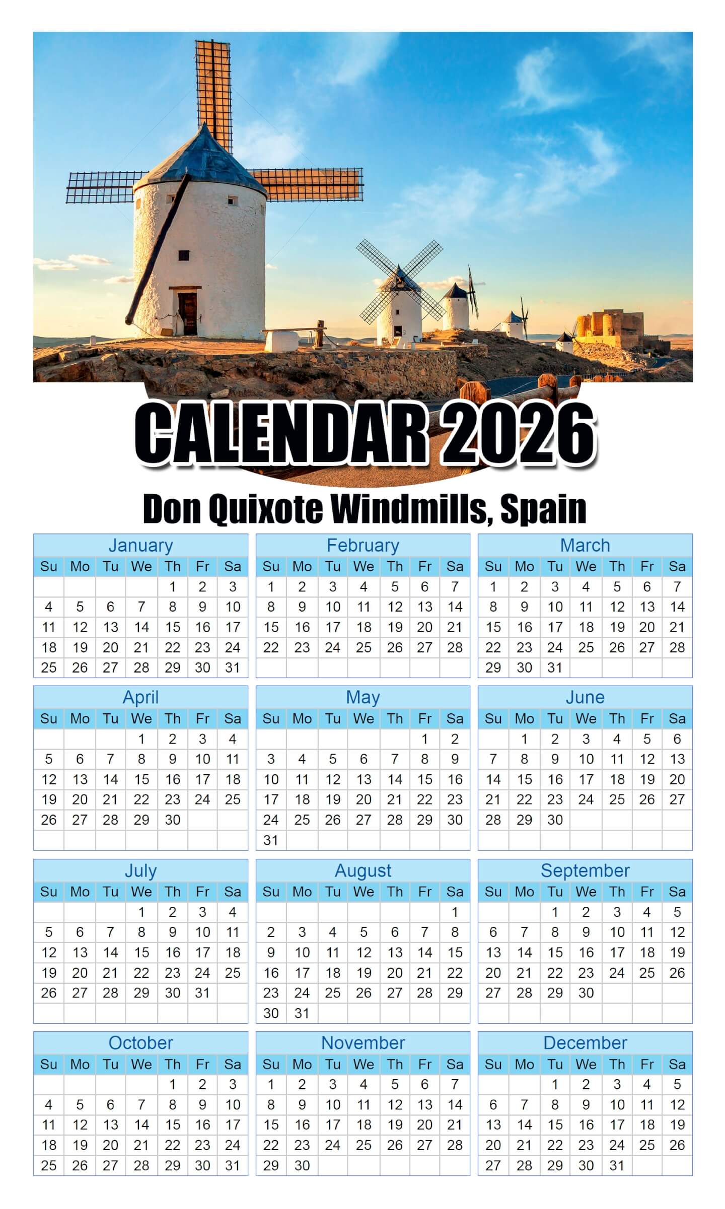 Calendar 2026 With Holidays Don-Quixote-Windmills,-Spain