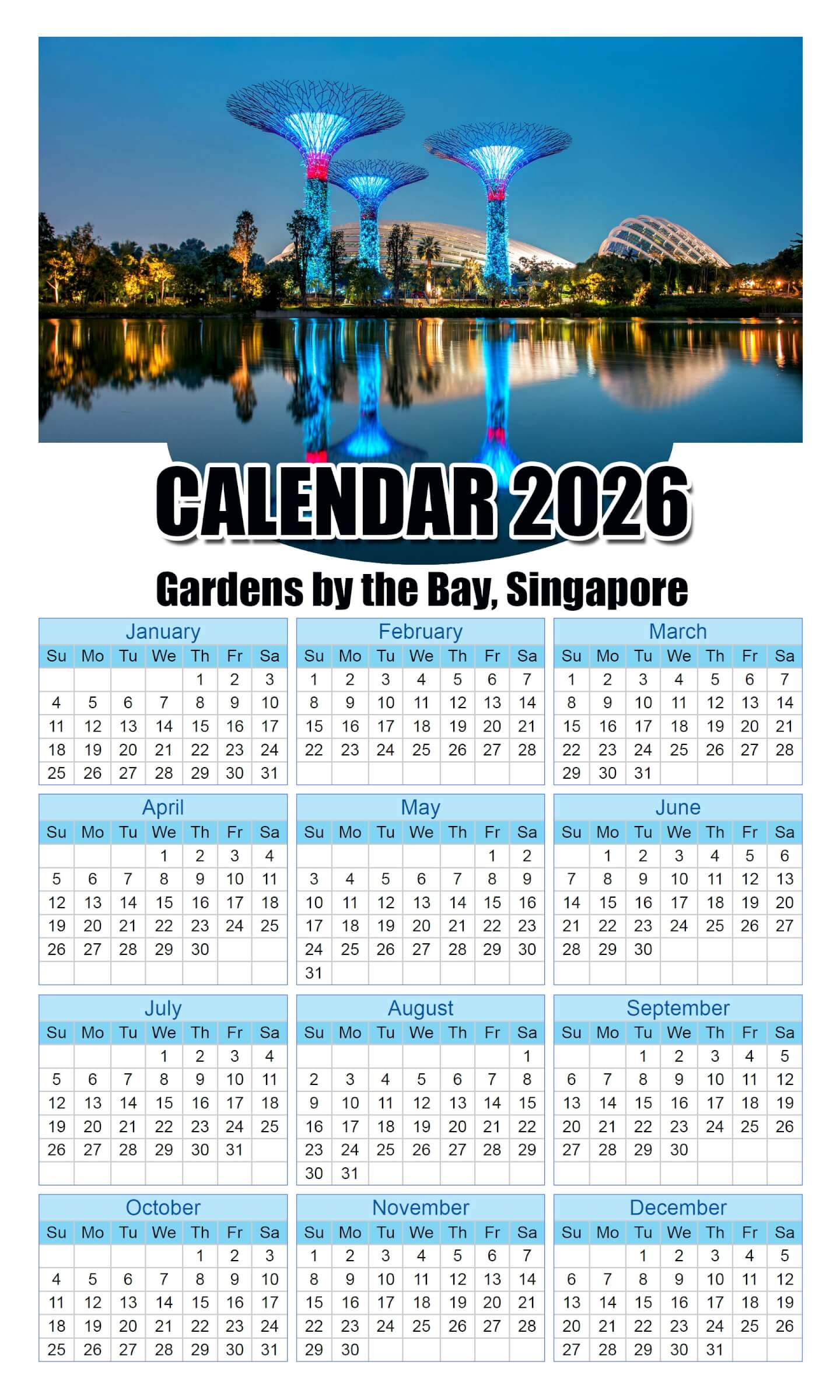Calendar 2026 With Holidays Gardens-by-the-Bay,-Singapore