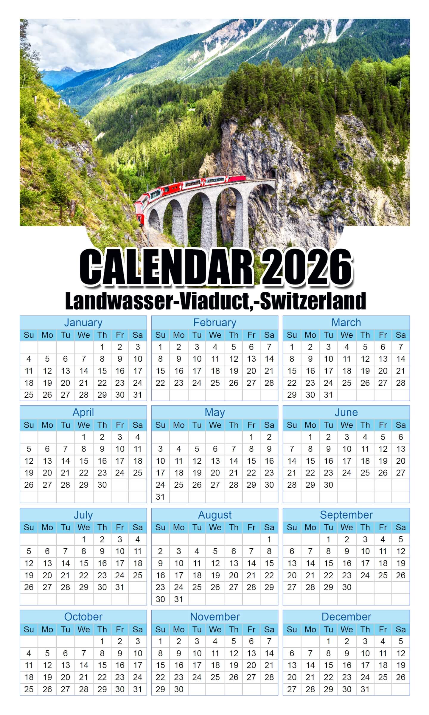 Calendar 2026 With Holidays Landwasser-Viaduct,-Switzerland