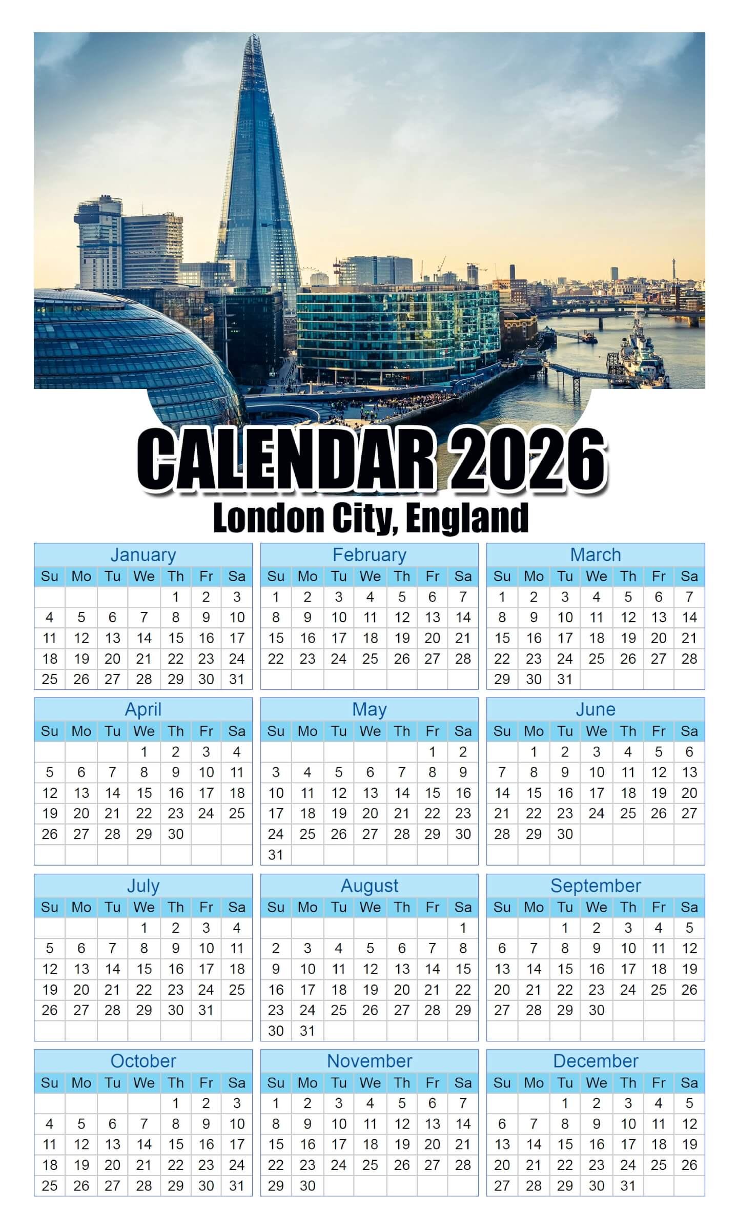 Calendar 2026 With Holidays London-City,-England