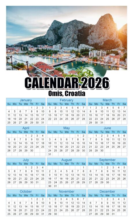 Calendar 2026 With Holidays Omis-Croatia