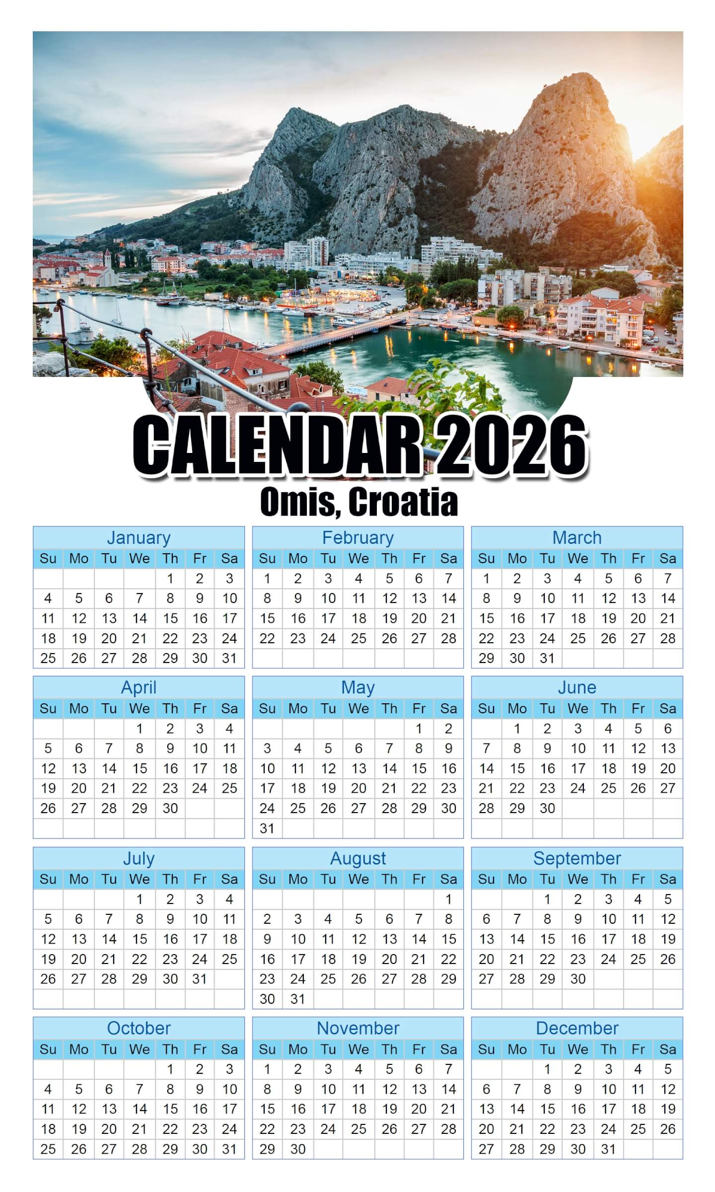 Calendar 2026 With Holidays Omis,-Croatia