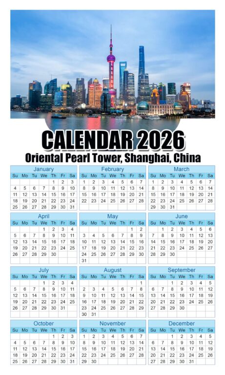 Calendar 2026 With Holidays Oriental-Pearl-Tower-Shanghai-China