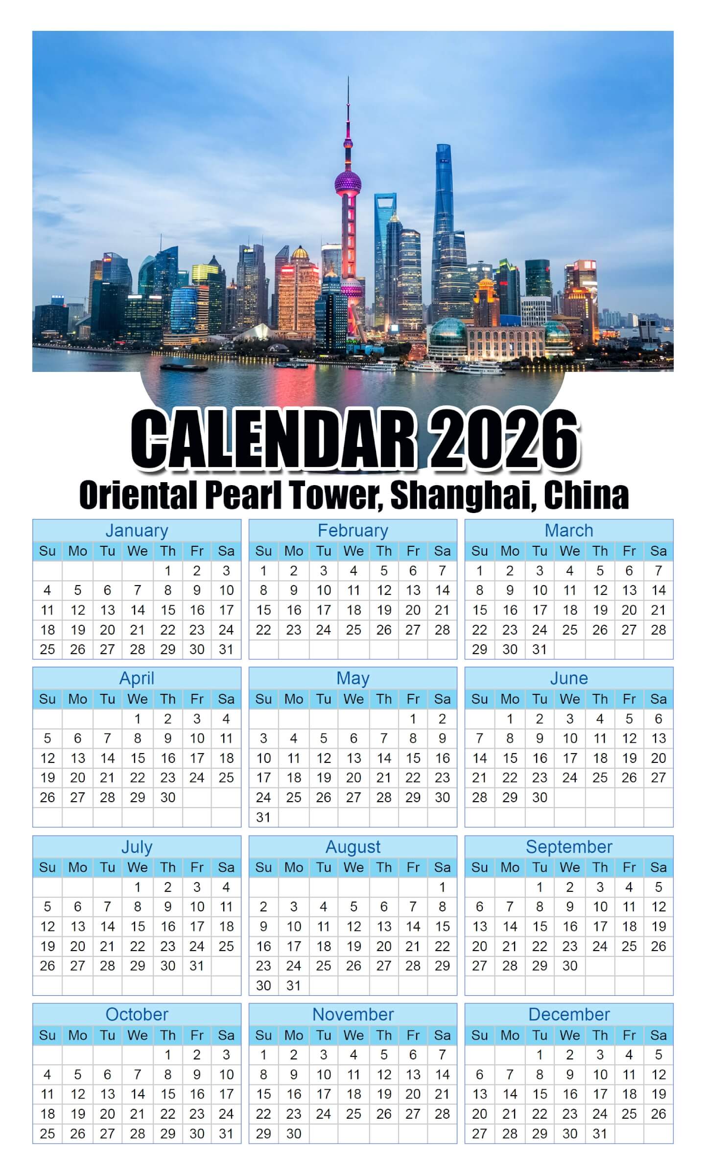Calendar 2026 With Holidays Oriental-Pearl-Tower,-Shanghai,-China
