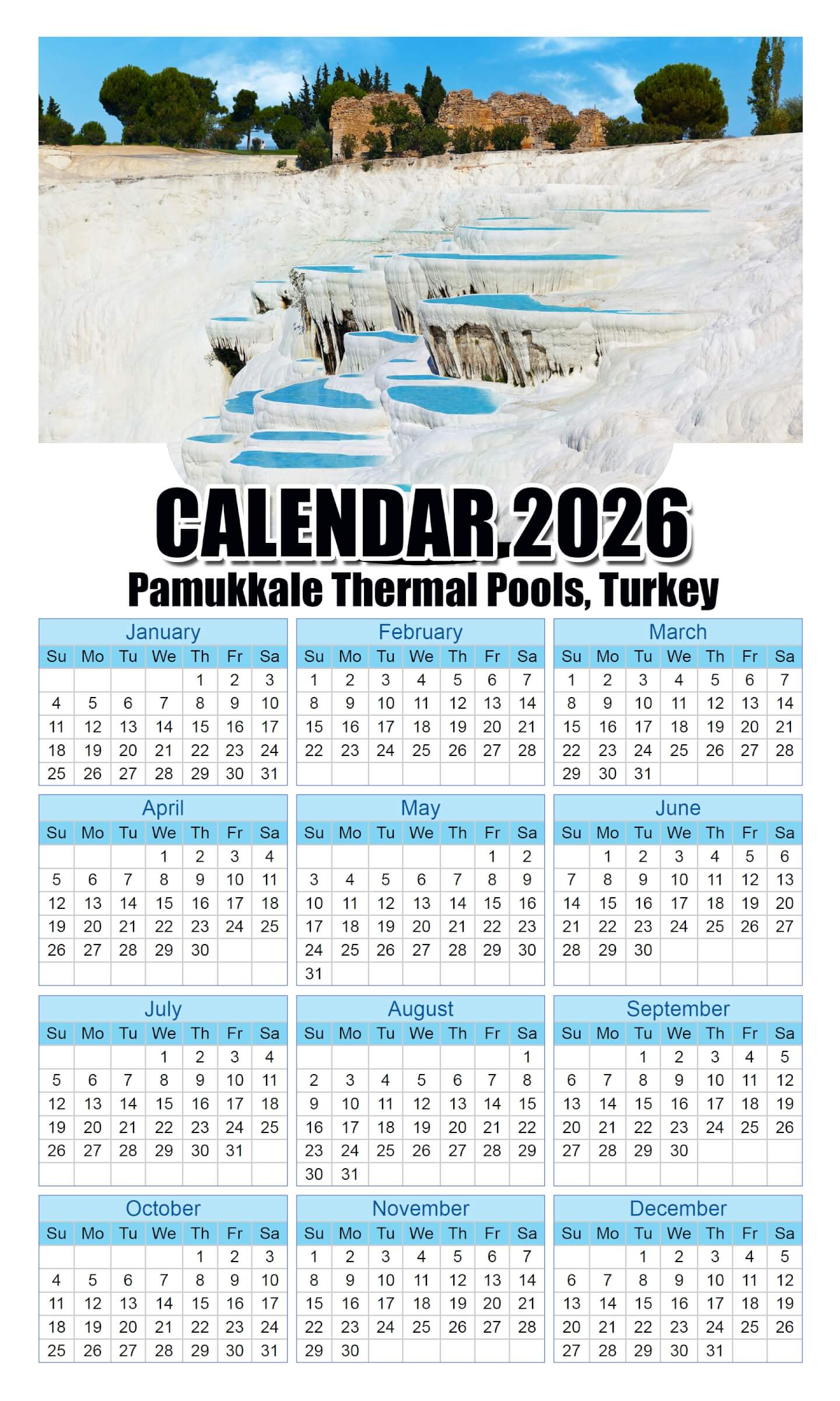 Calendar 2026 With Holidays Pamukkale-Thermal-Pools,-Turkey