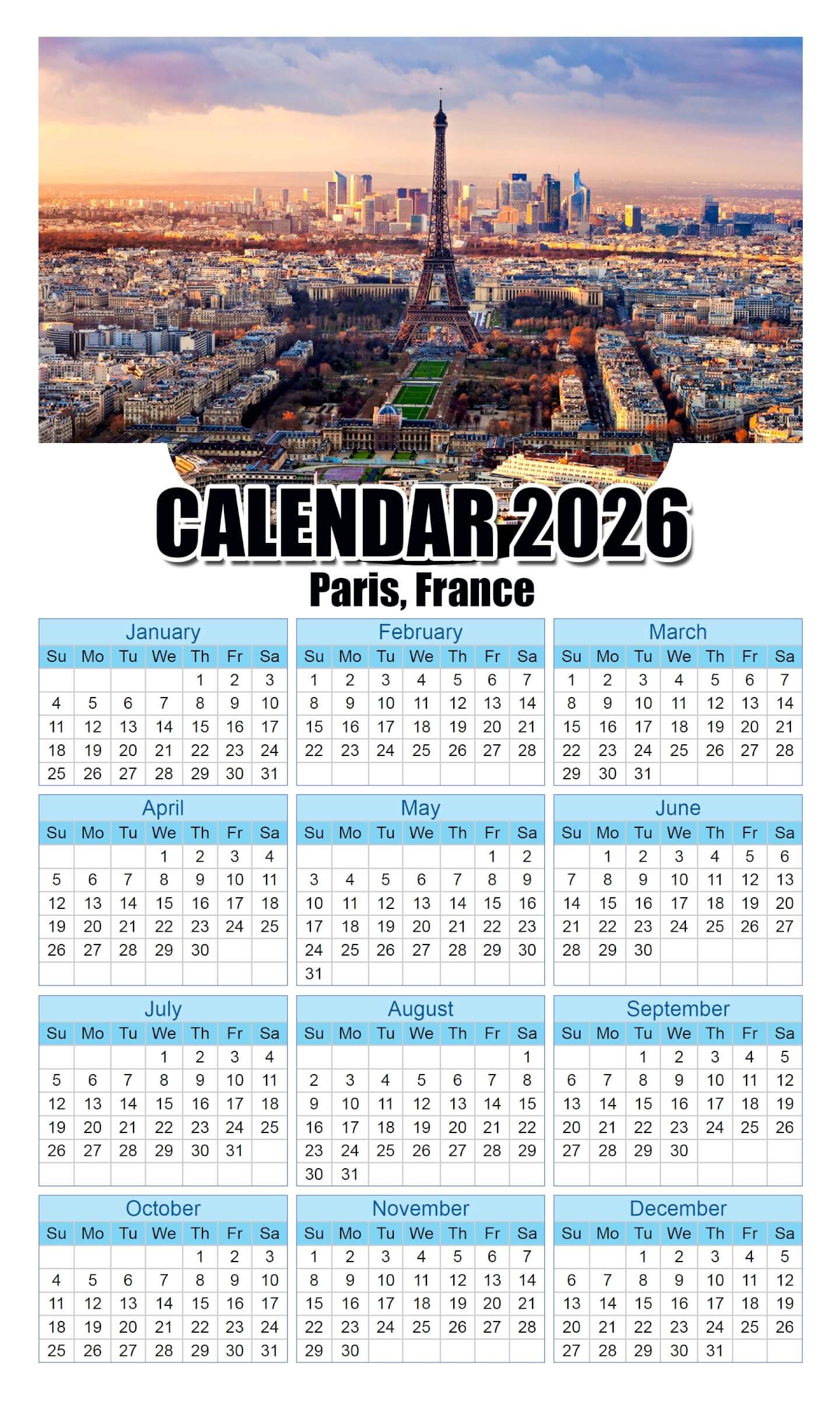 Calendar 2026 With Holidays Paris,-France