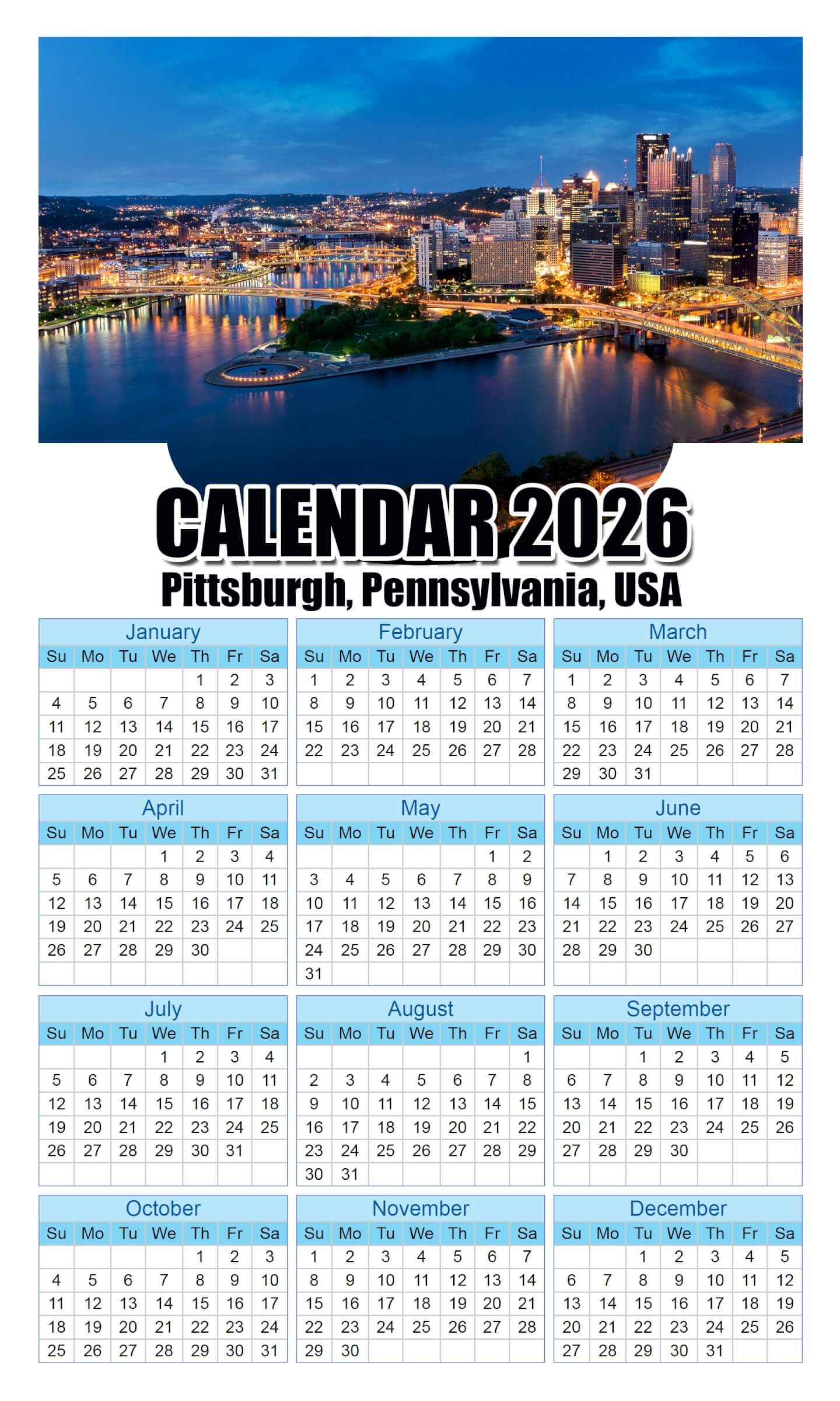 Calendar 2026 With Holidays Pittsburgh,-Pennsylvania,-USA
