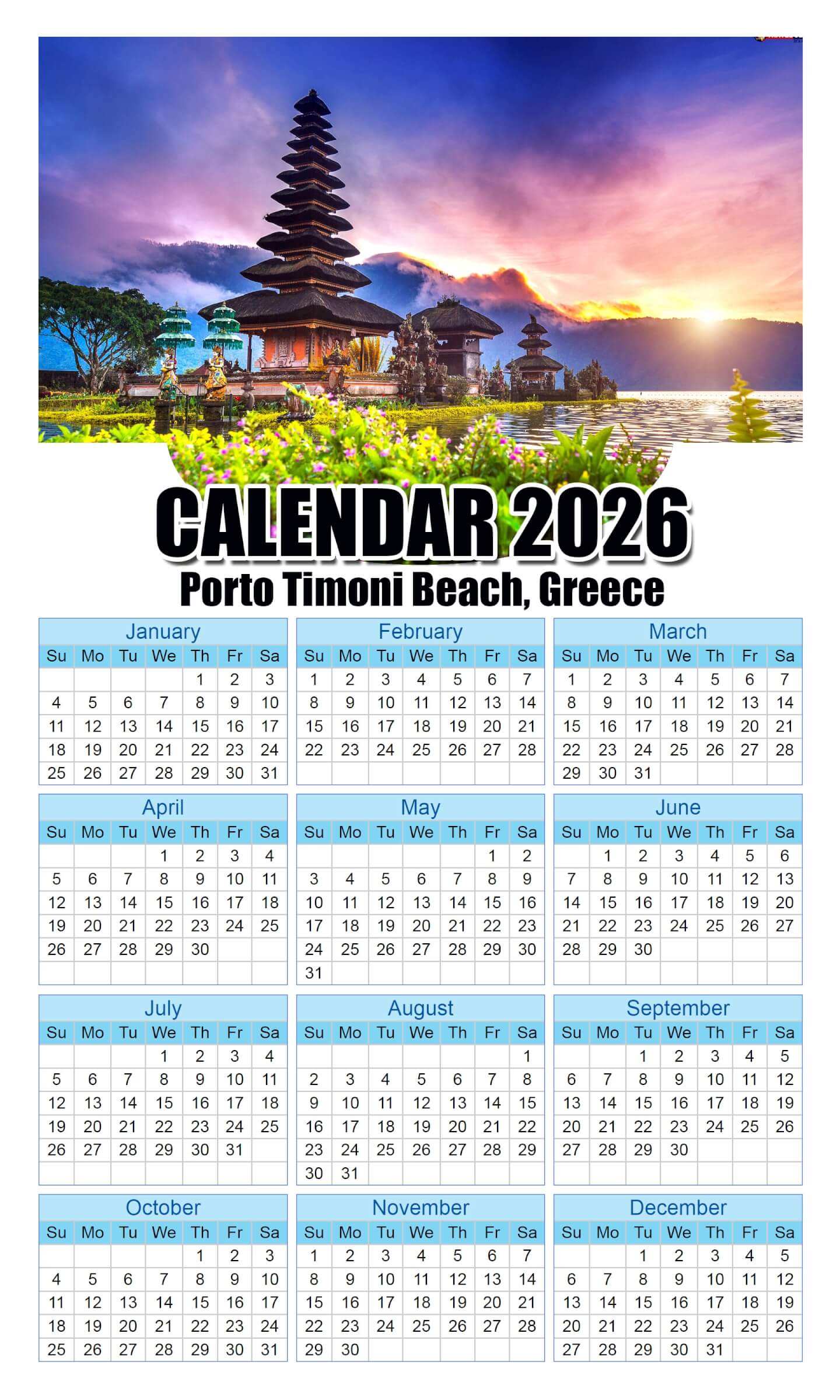 Calendar 2026 With Holidays Pura-Ulun-Danu-Beratan