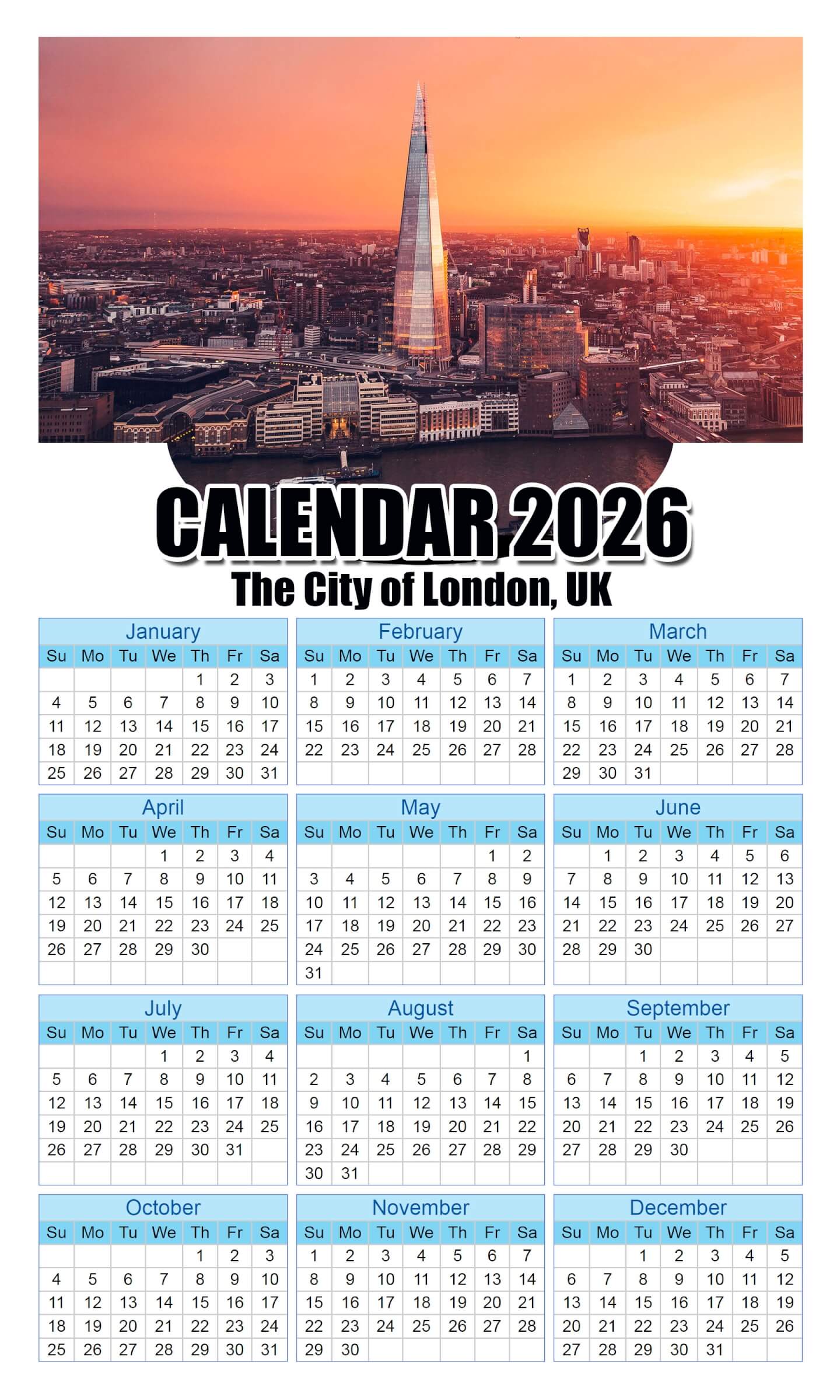 Calendar 2026 With Holidays The-City-of-London,-UK