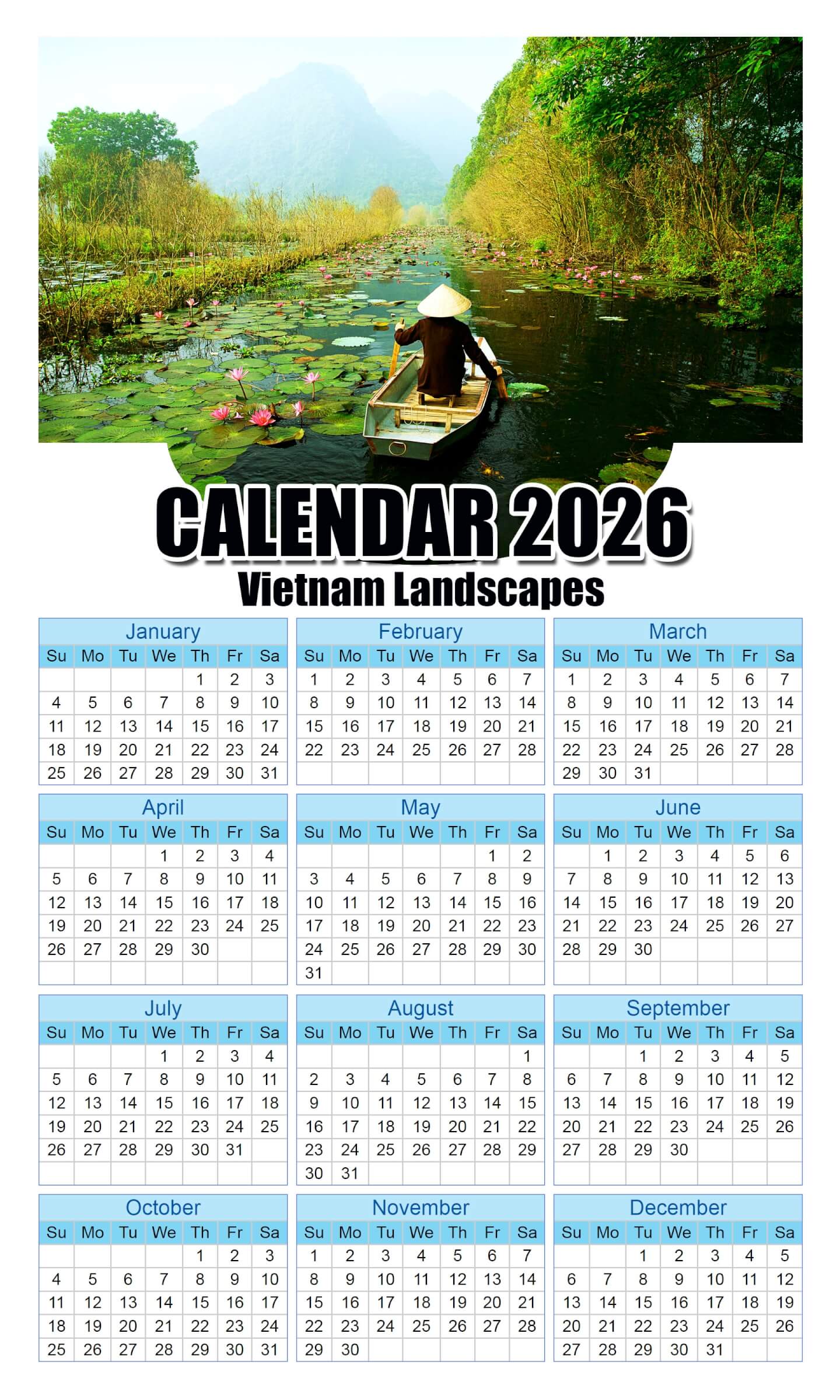 Calendar 2026 With Holidays Vietnam-Landscapes