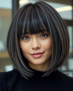 casual bangs and long bob